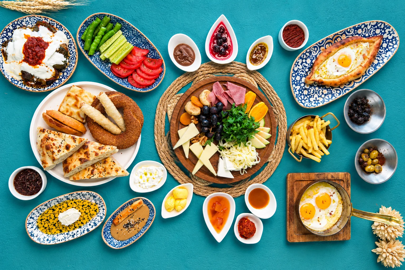 A Turkish breakfast spread with cheeses, eggs, jams, olives and fresh bread