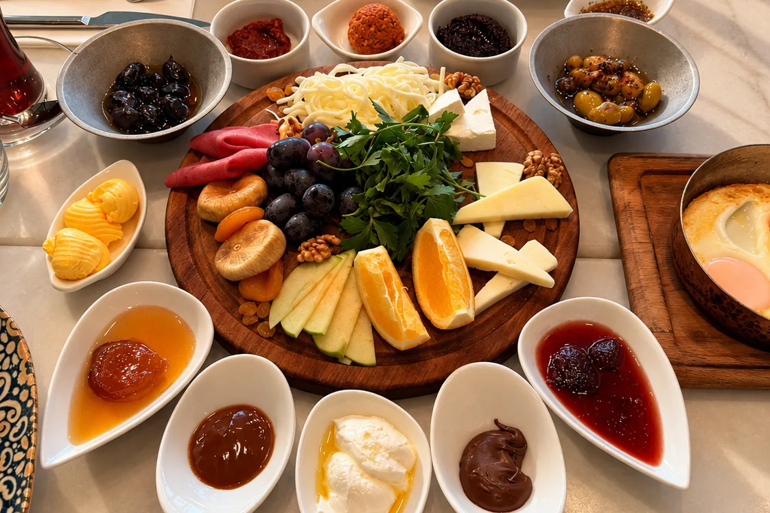 A Turkish breakfast spread with cheeses, eggs, jams, olives and fresh bread
